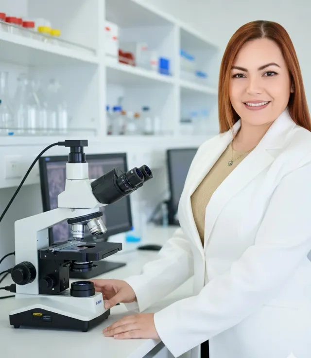 Microbióloga Lucille Calderón en el laboratorio